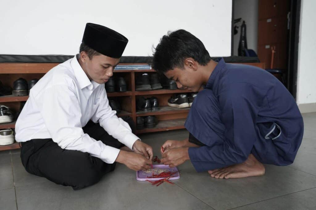 Muhammad Yusuf Al Qordhowi (kanan) bersama santri lain Pesantren Tahfidz Green Lido (PTGL) Sukabumi saat turut aktif mencoba bercocok tanam cabai.