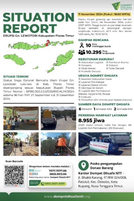 Sitrep (Situation Report) erupsi Gunung Lewotobi Laki-laki yang dirilis oleh Dompet Dhuafa NTT pada Senin (11/11/2024).