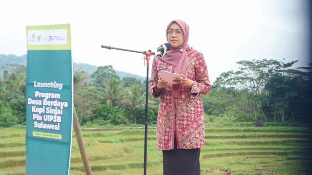 Andi Murniawati perwakilan PLN Unit Induk Penyaluran dan Pusat Pengatur Beban (UIP3B) Makassar saat menyampaikan sambutannya dalam peluncuran Program Desa Berdaya di Sinjai, Sulawesi Selatan.