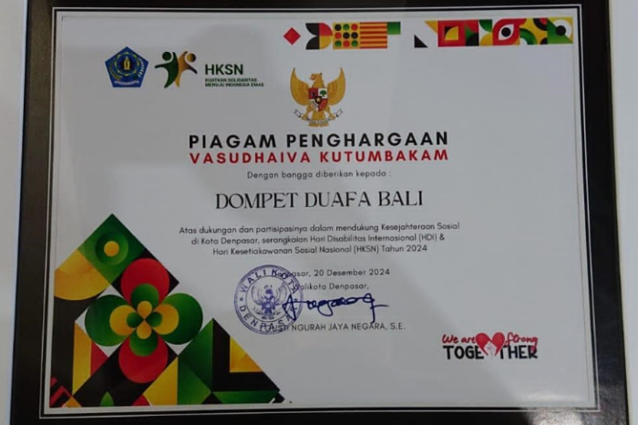 Dompet dhuafa Bali menerima penghargaan Vasudhaiva Kutumbakam dari Pemerintah Kota Denpasar, Jumat (20/12/2024).